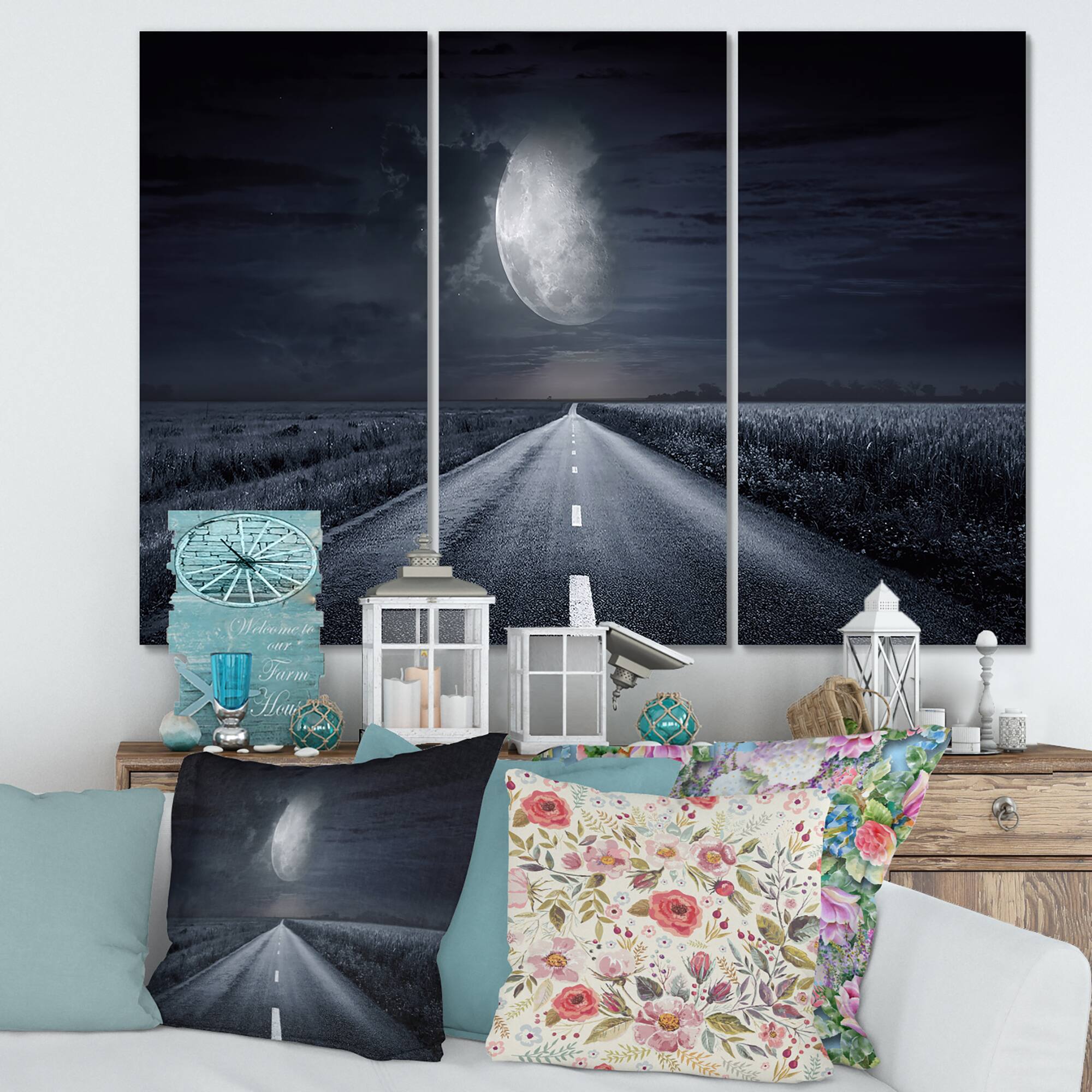 Designart - Asphalt Road Under Cloudy Full Moon III